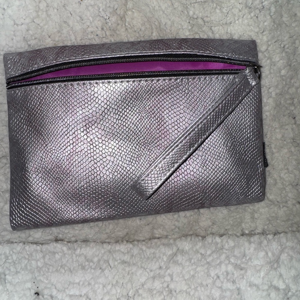 Ipsy Silver Clutch Bag with Purple Accent